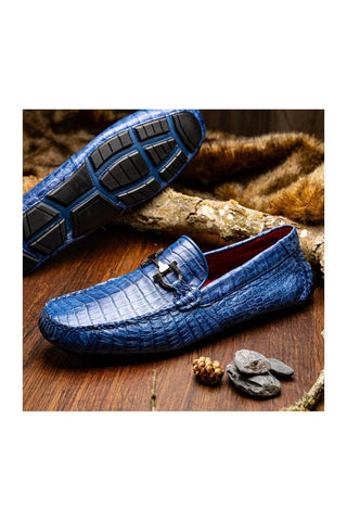 Marco Di Milano Parma Blue Jeans Exotic Crocodile Moccasin Driver Horsebit Loafers (MDM1187)