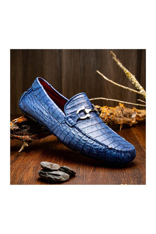 Marco Di Milano Parma Blue Jeans Exotic Crocodile Moccasin Driver Horsebit Loafers (MDM1187)