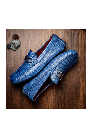 Marco Di Milano Parma Blue Jeans Exotic Crocodile Moccasin Driver Horsebit Loafers (MDM1187)