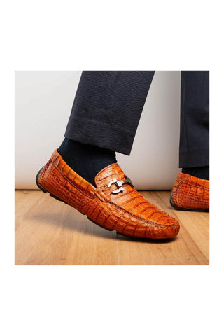 Marco Di Milano Parma Exotic Brandy Crocodile Moccasin Driver Horsebit Loafers (MDM1187)