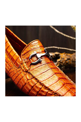 Marco Di Milano Parma Exotic Brandy Crocodile Moccasin Driver Horsebit Loafers (MDM1187)