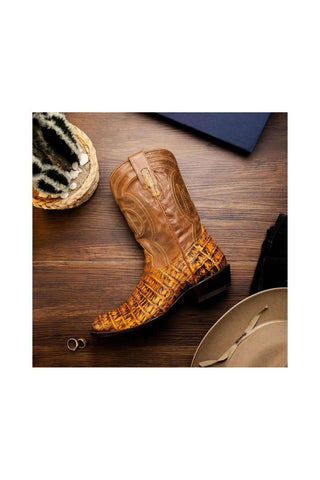 Marco Di Milano Phoenix Mustard Brown Exotic Crocodile Skin Cowboy Boot (MDM1234)