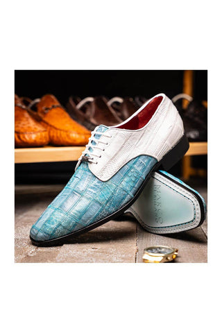 Marco Di Milano Pissa Aqua & White Genuine Caiman Crocodile / Lizard Patchwork Derby (MDM1209)
