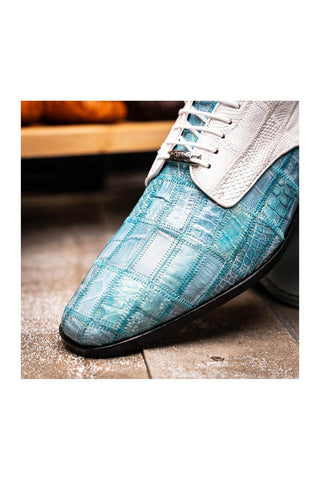 Marco Di Milano Pissa Aqua & White Genuine Caiman Crocodile / Lizard Patchwork Derby (MDM1209)
