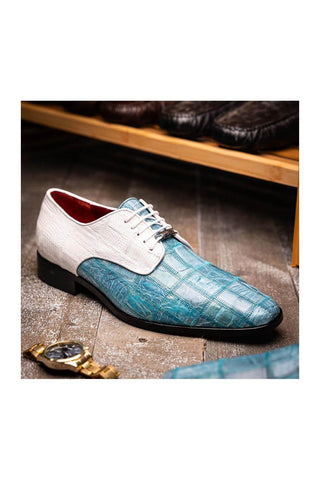 Marco Di Milano Pissa Aqua & White Genuine Caiman Crocodile / Lizard Patchwork Derby (MDM1209)