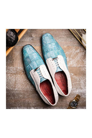 Marco Di Milano Pissa Aqua & White Genuine Caiman Crocodile / Lizard Patchwork Derby (MDM1209)