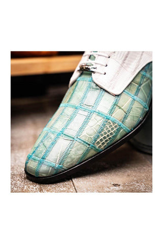Marco Di Milano Pissa Turquoise & White Genuine Caiman Crocodile / Lizard Patchwork Derby (MDM1209)