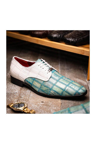 Marco Di Milano Pissa Turquoise & White Genuine Caiman Crocodile / Lizard Patchwork Derby (MDM1209)