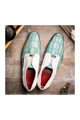 Marco Di Milano Pissa Turquoise & White Genuine Caiman Crocodile / Lizard Patchwork Derby (MDM1209)