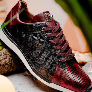 Marco Di Milano Portici Men's Shoes Wine & Black Exotic Lizard / Crocodile Casual Sneakers (MDM1016)-AmbrogioShoes