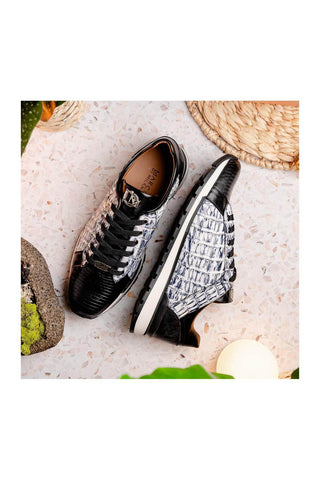 Marco Di Milano Portici Newspaper & Black Exotic Lizard / Crocodile Casual Sneakers (MDM1016)