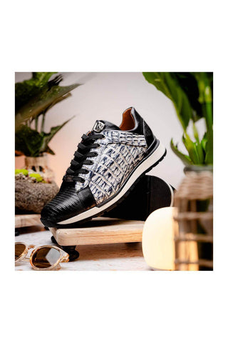 Marco Di Milano Portici Newspaper & Black Exotic Lizard / Crocodile Casual Sneakers (MDM1016)
