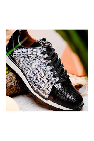 Marco Di Milano Portici Newspaper & Black Exotic Lizard / Crocodile Casual Sneakers (MDM1016)