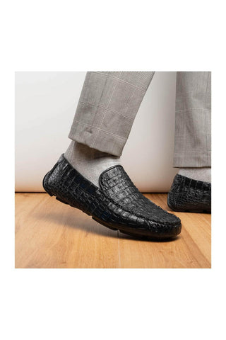 Marco Di Milano Remo Black Exotic Crocodile Moccasin Driver Loafers (MDM1188)