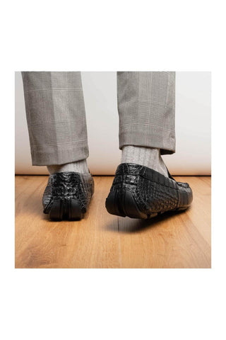 Marco Di Milano Remo Black Exotic Crocodile Moccasin Driver Loafers (MDM1188)