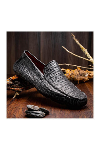 Marco Di Milano Remo Black Exotic Crocodile Moccasin Driver Loafers (MDM1188)