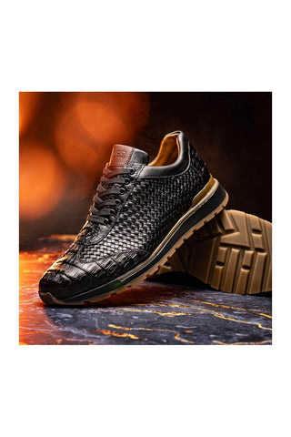 Marco Di Milano Roma Black Woven Calfskin / Genuine Caiman Crocodile Fashion Sneaker (MDM1106)