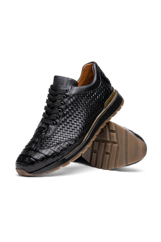 Marco Di Milano Roma Black Woven Calfskin / Genuine Caiman Crocodile Fashion Sneaker (MDM1106)