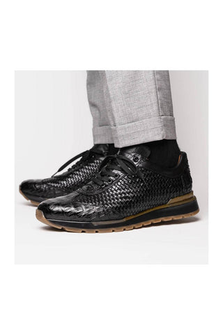 Marco Di Milano Roma Black Woven Calfskin / Genuine Caiman Crocodile Fashion Sneaker (MDM1106)