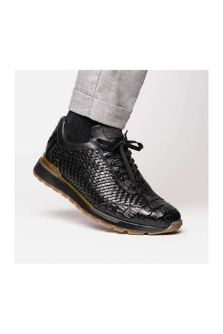 Marco Di Milano Roma Black Woven Calfskin / Genuine Caiman Crocodile Fashion Sneaker (MDM1106)