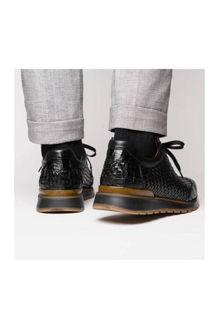 Marco Di Milano Roma Black Woven Calfskin / Genuine Caiman Crocodile Fashion Sneaker (MDM1106)
