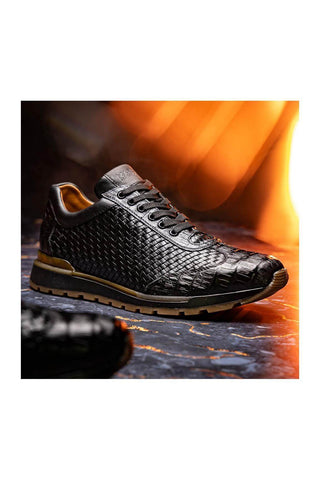 Marco Di Milano Roma Black Woven Calfskin / Genuine Caiman Crocodile Fashion Sneaker (MDM1106)