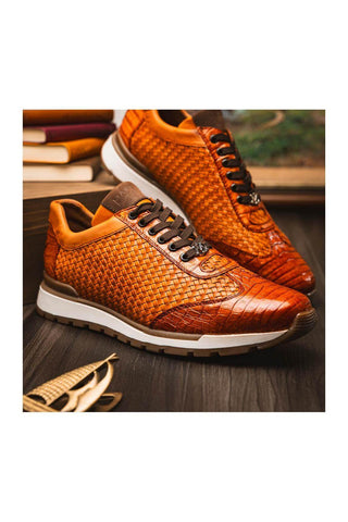 Marco Di Milano Roma Brandy Woven Calfskin / Genuine Caiman Crocodile Fashion Sneaker (MDM1106)