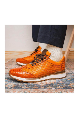 Marco Di Milano Roma Brandy Woven Calfskin / Genuine Caiman Crocodile Fashion Sneaker (MDM1106)