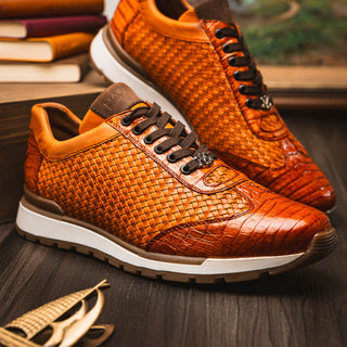 Marco Di Milano Roma Men's Shoes Brandy Exotic Crocodile / Woven Leather Casual Sneakers (MDM1170)-AmbrogioShoes