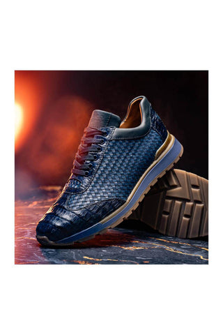 Marco Di Milano Roma Navy Woven Calfskin / Genuine Caiman Crocodile Fashion Sneaker (MDM1106)