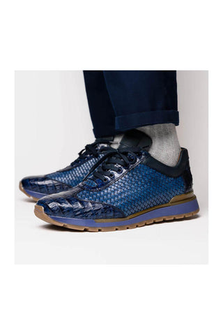 Marco Di Milano Roma Navy Woven Calfskin / Genuine Caiman Crocodile Fashion Sneaker (MDM1106)