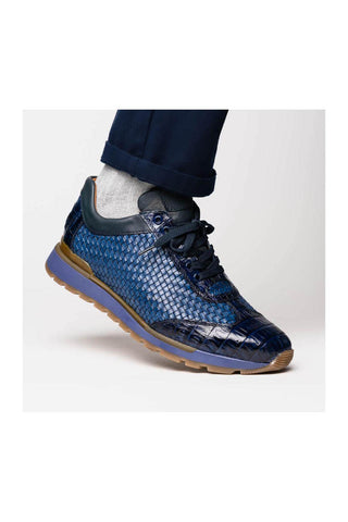 Marco Di Milano Roma Navy Woven Calfskin / Genuine Caiman Crocodile Fashion Sneaker (MDM1106)