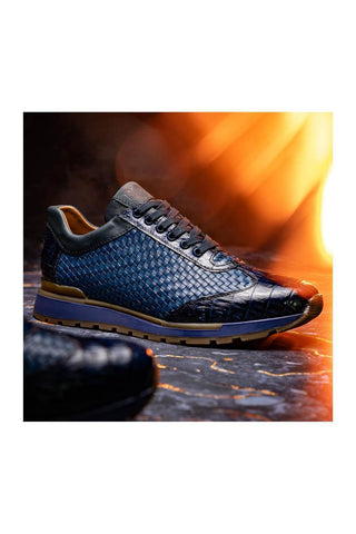 Marco Di Milano Roma Navy Woven Calfskin / Genuine Caiman Crocodile Fashion Sneaker (MDM1106)