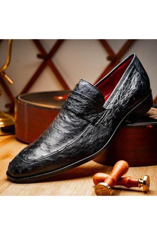 Marco Di Milano Salvatore Black Genuine Ostrich Slip-On Loafers (MDM1210)