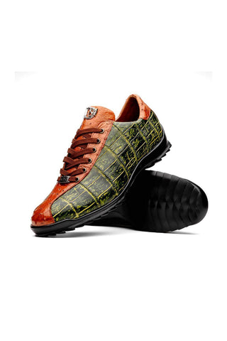 Marco Di Milano Saulo Green & Cognac Exotic Ostrich / Alligator Casual Sneakers (MDM1045)