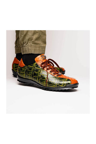 Marco Di Milano Saulo Green & Cognac Exotic Ostrich / Alligator Casual Sneakers (MDM1045)