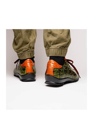 Marco Di Milano Saulo Green & Cognac Exotic Ostrich / Alligator Casual Sneakers (MDM1045)