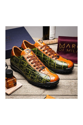 Marco Di Milano Saulo Green & Cognac Exotic Ostrich / Alligator Casual Sneakers (MDM1045)