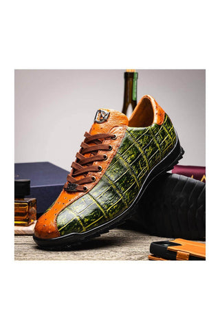 Marco Di Milano Saulo Green & Cognac Exotic Ostrich / Alligator Casual Sneakers (MDM1045)
