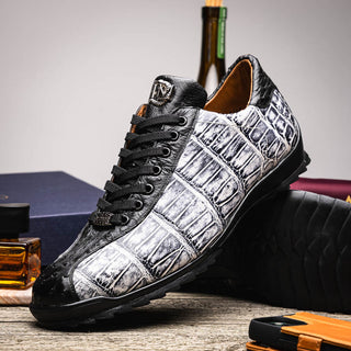 Marco Di Milano Saulo Men's Shoes Black & Newspaper Exotic Ostich / Alligator Casual Sneakers (MDM1043)-AmbrogioShoes