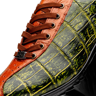Marco Di Milano Saulo Men's Shoes Green & Cognac Exotic Ostich / Alligator Casual Sneakers (MDM1045)-AmbrogioShoes