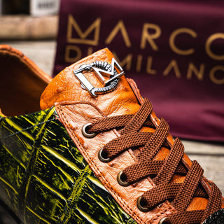 Marco Di Milano Saulo Men's Shoes Green & Cognac Exotic Ostrich / Alligator Casual Sneakers (MDM1045)-AmbrogioShoes