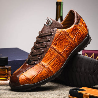 Marco Di Milano Saulo Men's Shoes Green & Cognac Exotic Ostrich / Alligator Casual Sneakers (MDM1045)-AmbrogioShoes