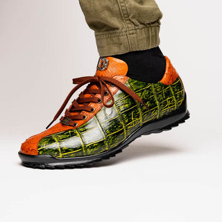 Marco Di Milano Saulo Men's Shoes Green & Cognac Exotic Ostrich / Alligator Casual Sneakers (MDM1045)-AmbrogioShoes