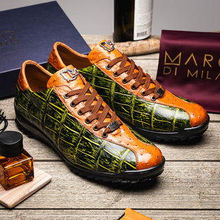 Marco Di Milano Saulo Men's Shoes Green & Cognac Exotic Ostrich / Alligator Casual Sneakers (MDM1045)-AmbrogioShoes