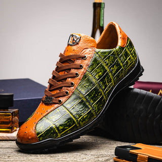 Marco Di Milano Saulo Men's Shoes Green & Cognac Exotic Ostrich / Alligator Casual Sneakers (MDM1045)-AmbrogioShoes