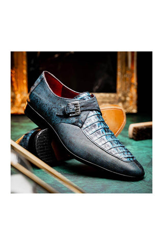Marco Di Milano Toluca Blue Exotic Lizard / Crocodile Single Monk Strap (MDM1127)