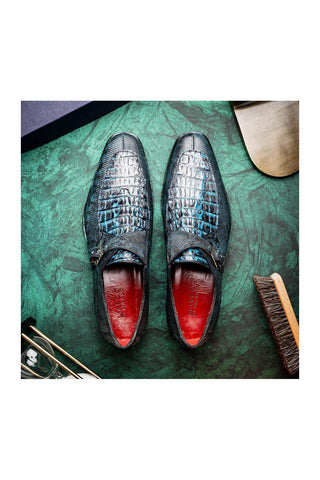 Marco Di Milano Toluca Blue Exotic Lizard / Crocodile Single Monk Strap (MDM1127)