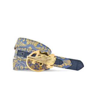 Mauri 0100/35 Men's Two-Tone Blue Crocodile / Gobelins Fabric Belt (MAB1029)-AmbrogioShoes