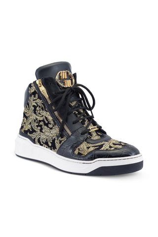 Mauri 24 K 8494 Black & Gold Alligator / Damask Fabric / Leather Casual High-Top Sneakers (MA5497)